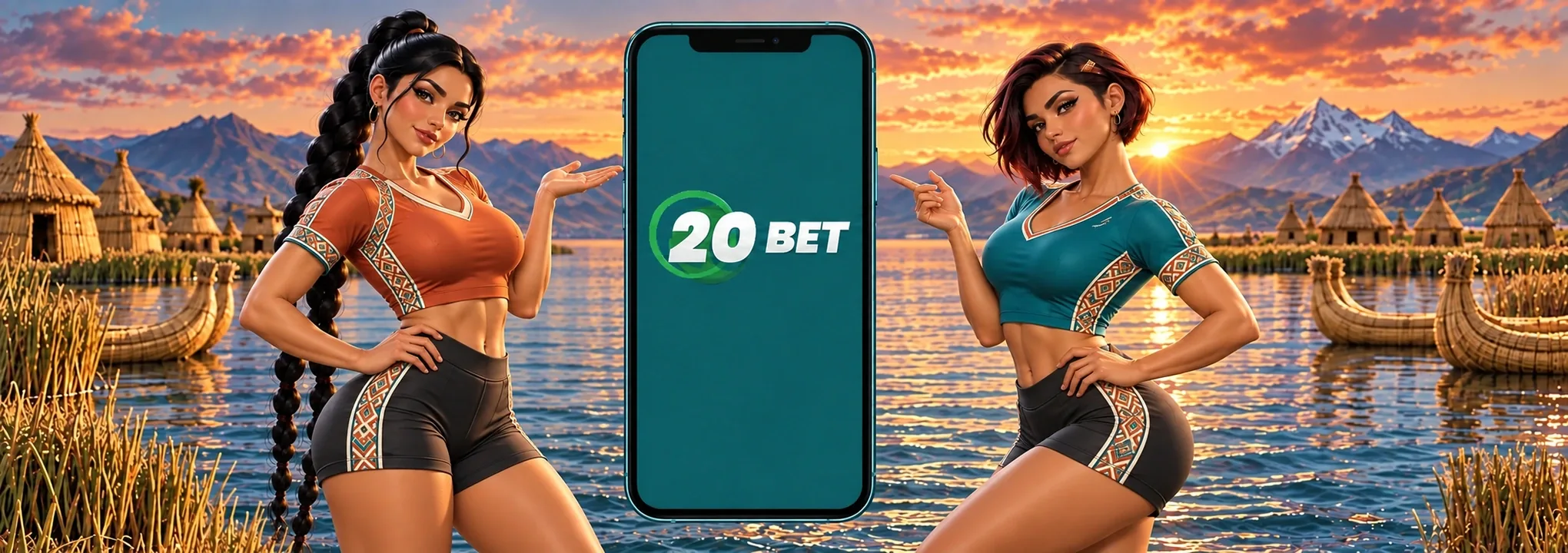 Teléfono con el logo de 20Bet entre dos deportistas adultas peruanas